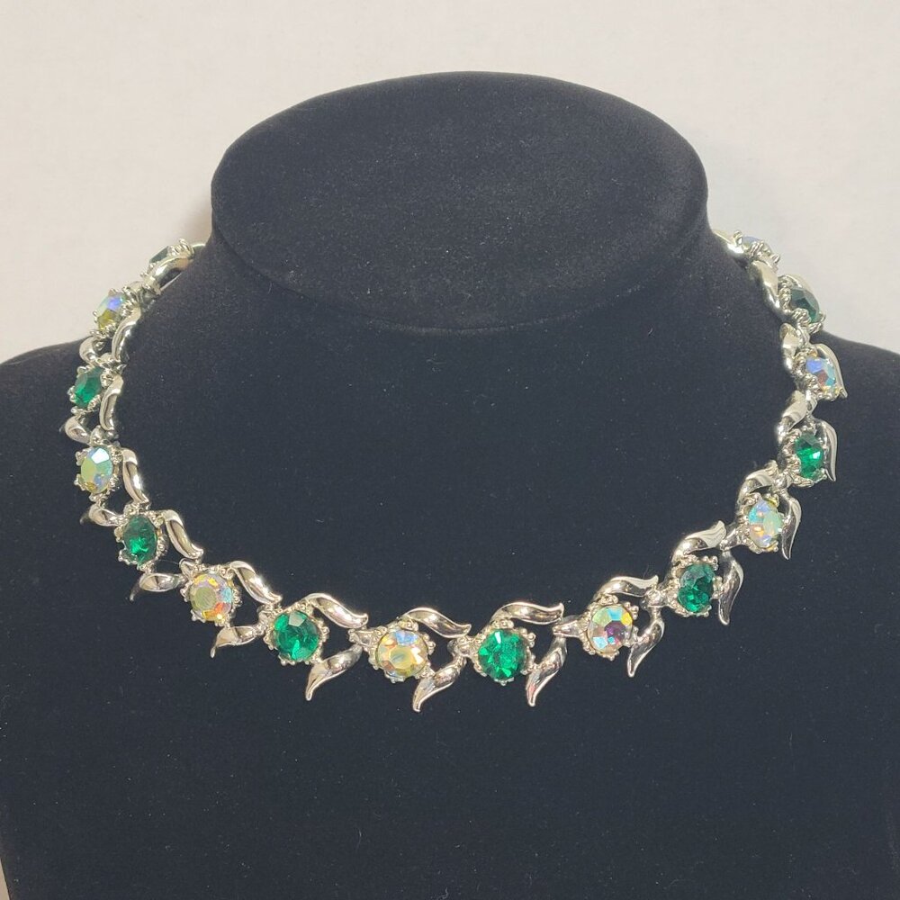 Vintage Signed BSK Necklace Silver Detailed Green Aurora B. Rhinestone 12 inch